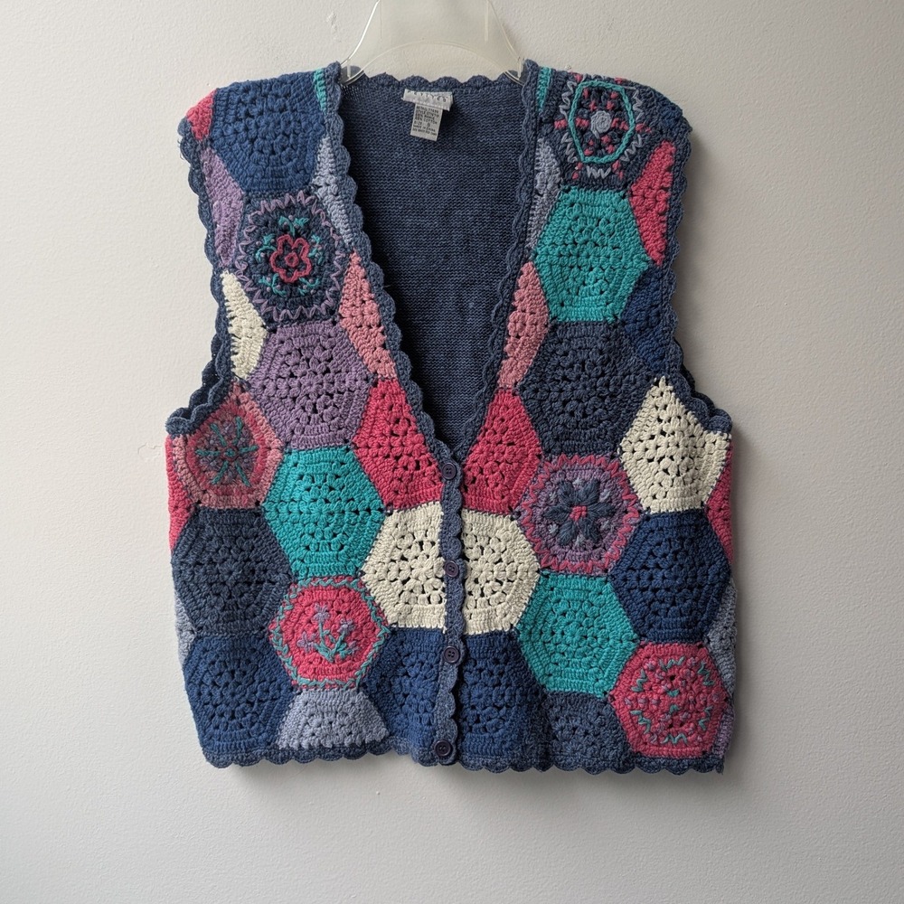 Vtg Vest Blue Pink Crochet Hexagon Patchwork Sz SP Boho Cottagecore Artsy